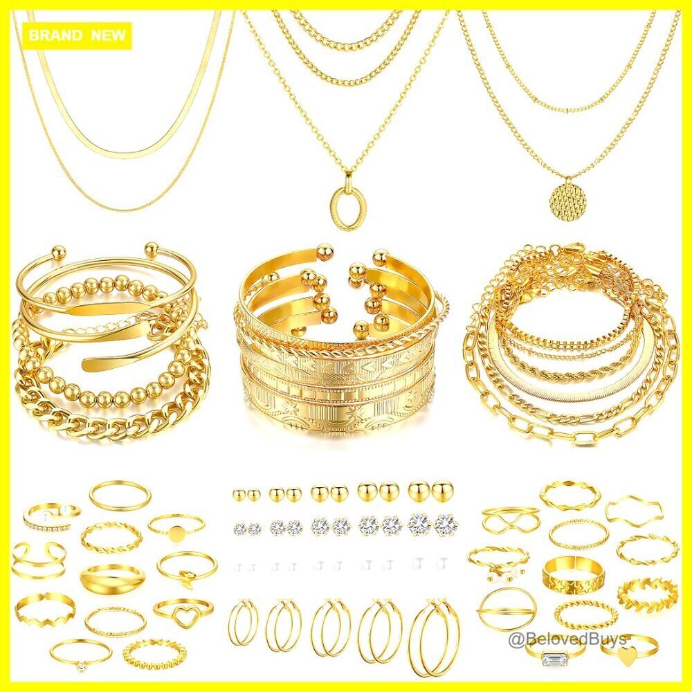 68-Piece Alloy Jewelry Set with Necklaces, Bracelets, Earrings, Rings